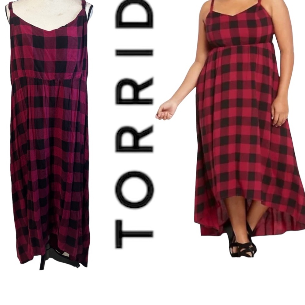 Torrid Burgundy Blaek Gingham Plaid Challis High Low Maxi Dress Sz 4